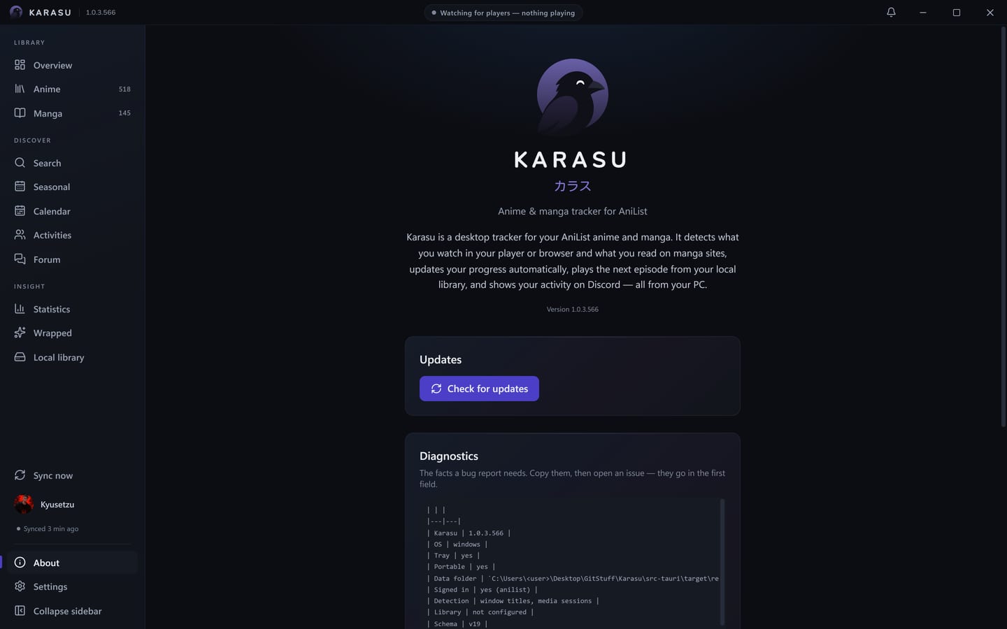 The About page with the mark, the version and the update check.