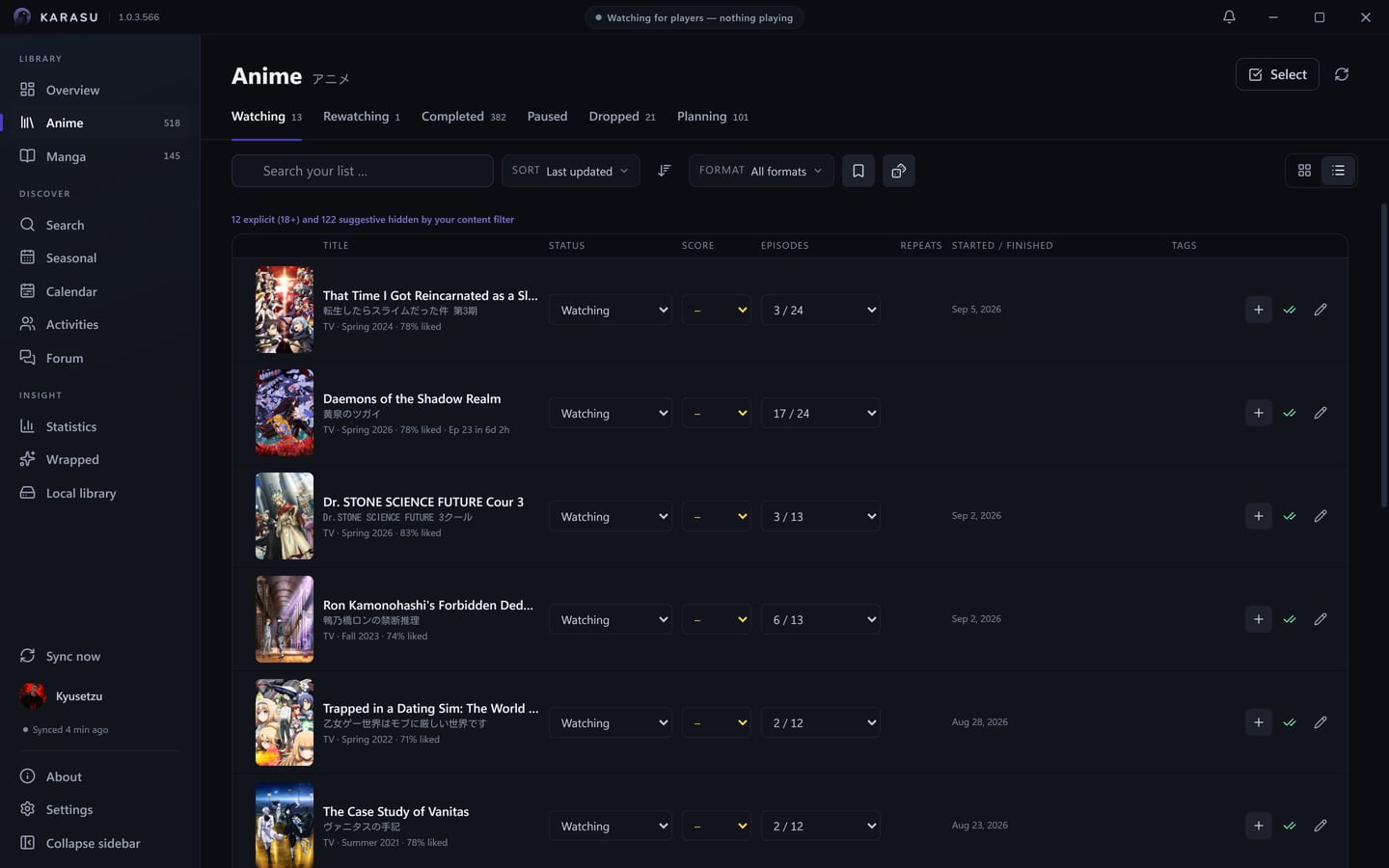 The anime list as rows: cover, title, status, score and episode count editable in place, dates and tags beside them.