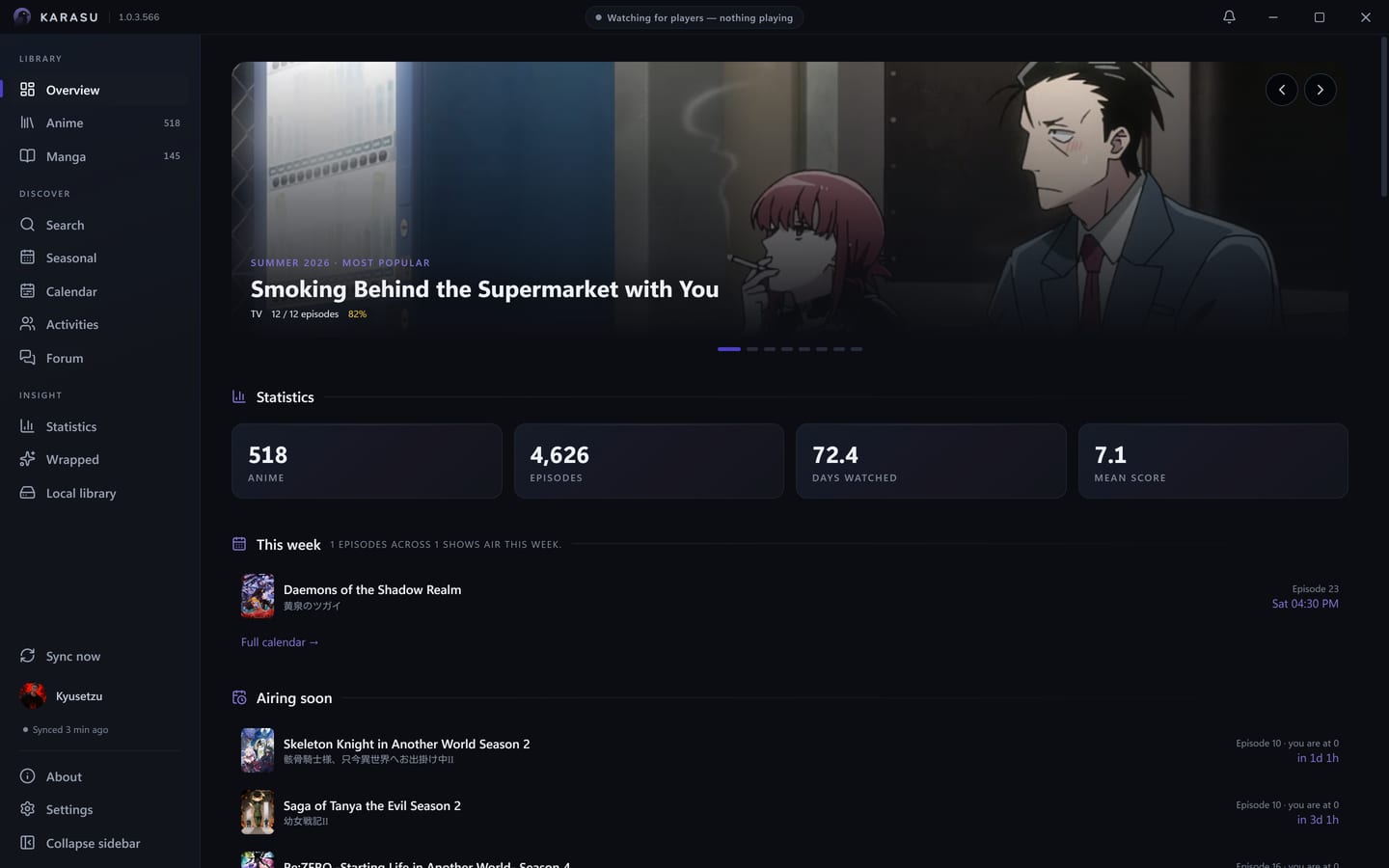 The Overview shows this season's most popular title in a banner, four statistics tiles, this week's airing episode and the titles airing soon.