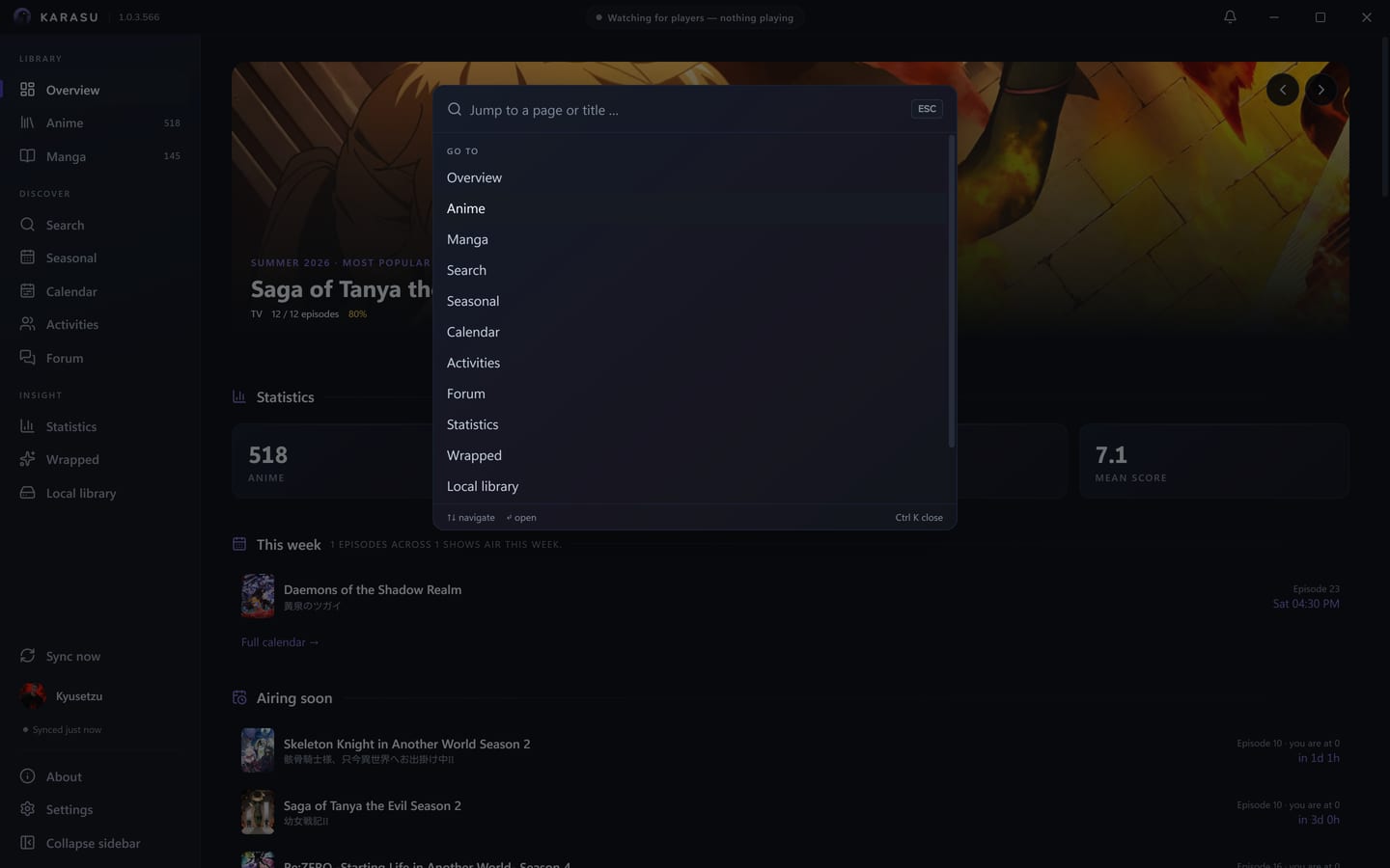 The command palette open over the Overview, listing screens and actions.
