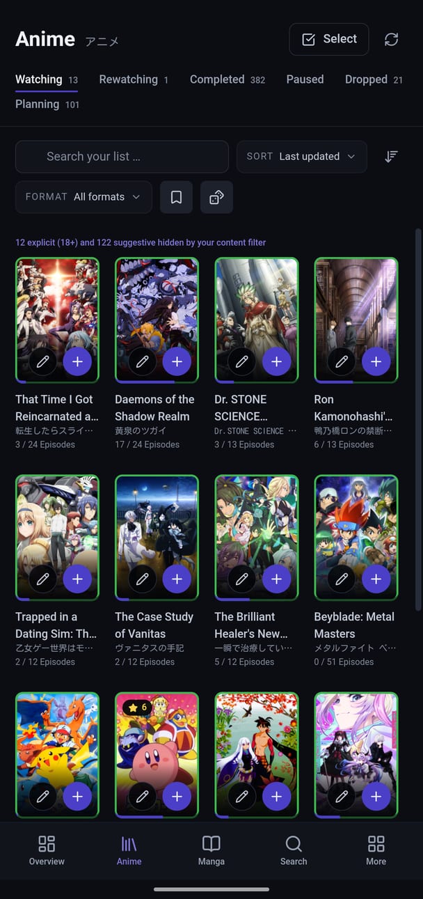 The anime list on the phone as a four-column cover grid with the status tabs above.