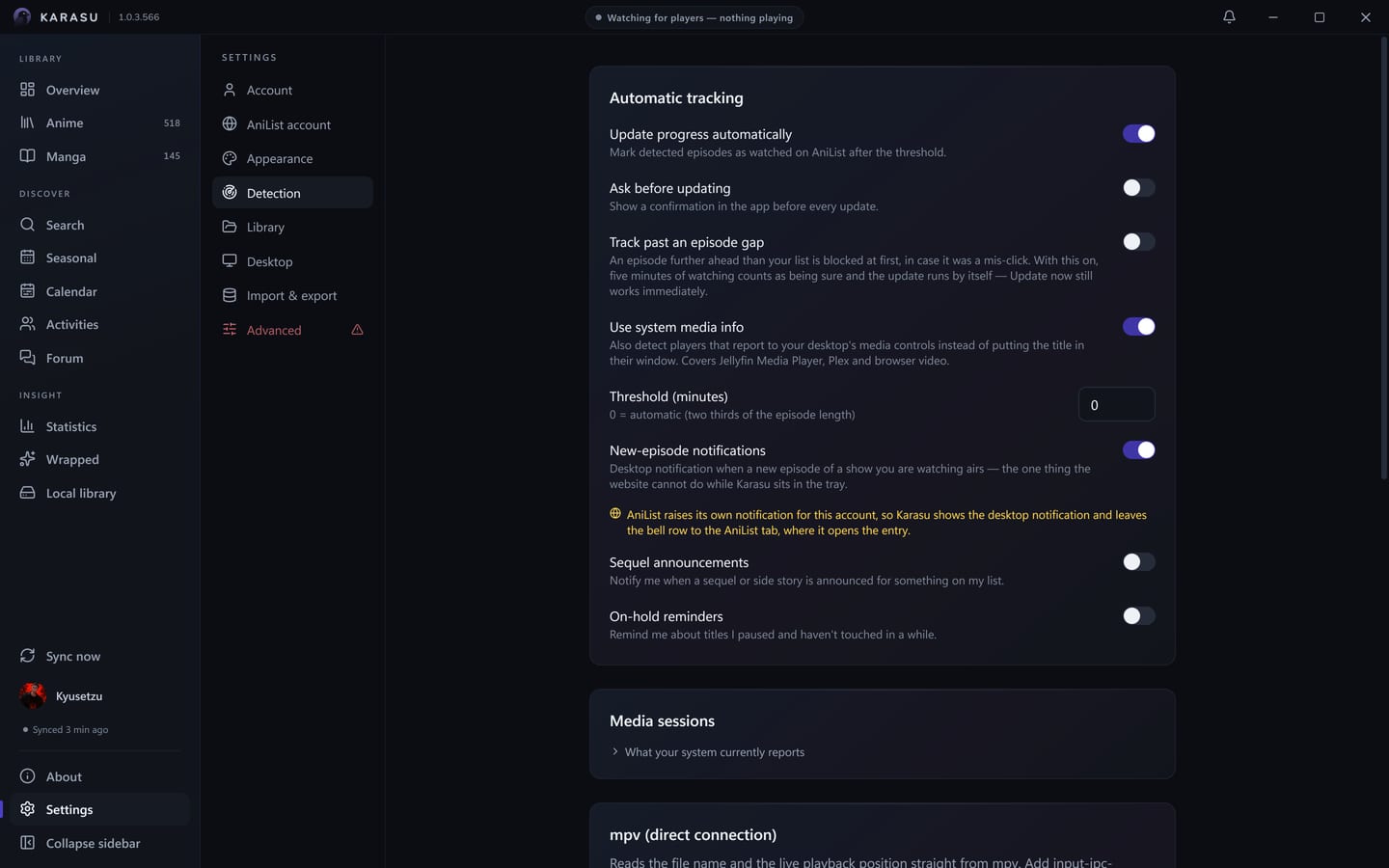The Detection settings pane: automatic tracking, the confirmation toggle, the threshold, media sessions and mpv.